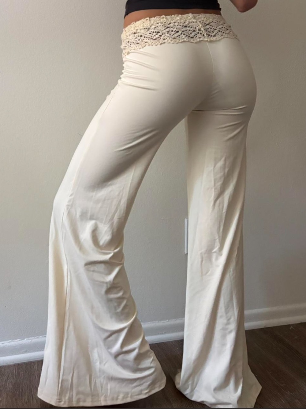Lace-Trim Wide Leg Pants - Cream